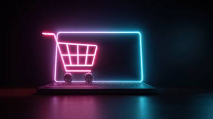 Cyber Monday neon scene, laptop glow, cart icon, blue-magenta lighting, product mockup friendly 