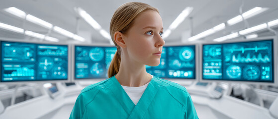 A young woman in a medical or scientific setting, possibly a laboratory or control room.