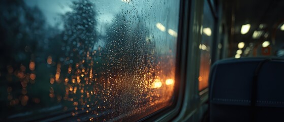 digital nomad train window reflection, rainy glass, warm screen glow, moody 