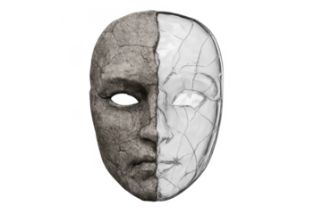 Broken mask showing duality and contrasting textures