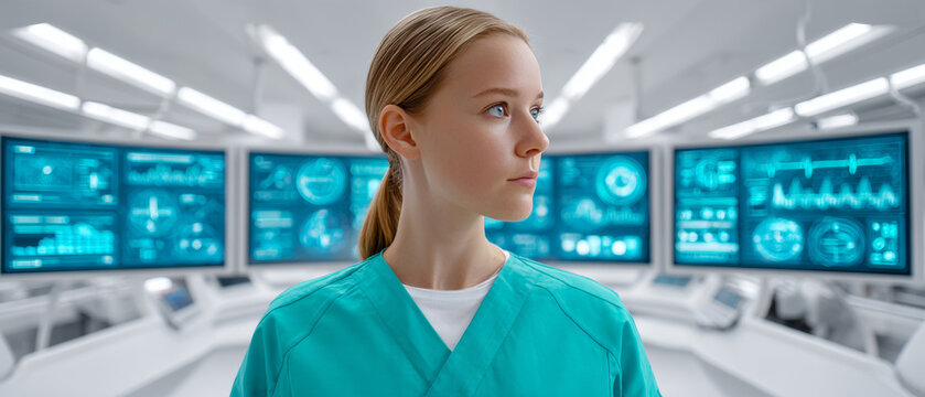 A young woman in a medical or scientific setting, possibly a laboratory or control room.