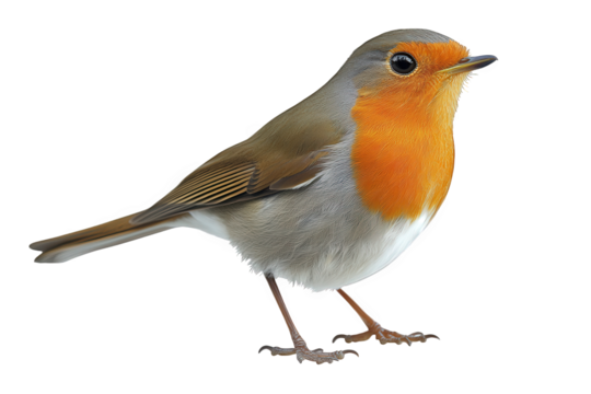 A delightful european robin isolated on transparent background, exhibiting its characteristic orange plumage, grey upperparts, and alert posture in a crisp, clean composition