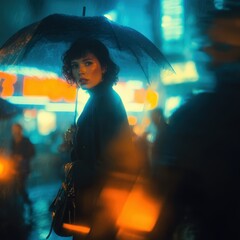 Dynamic street style portrait under light rain, umbrella silhouettes, neon reflections on pavement, cinematic blue-orange grade, authenticity and motion blur, 50mm lens look, editorial fashion