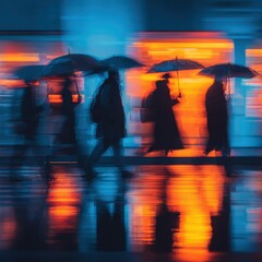 Dynamic street style portrait under light rain, umbrella silhouettes, neon reflections on pavement, cinematic blue-orange grade, authenticity and motion blur