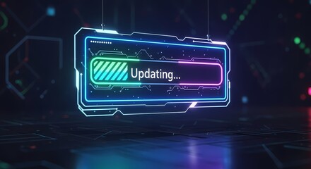 Futuristic technology background with a glowing neon 'Updating' progress bar. Sci-fi digital interface showing a system upgrade, software installation, or data loading. 3D render of a cyberpunk HUD.