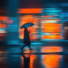 Dynamic street style portrait under light rain, umbrella silhouettes, neon reflections on pavement, cinematic blue-orange grade, authenticity and motion blur