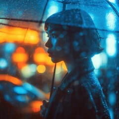 Dynamic street style portrait under light rain, umbrella silhouettes, neon reflections on pavement, cinematic blue-orange grade, authenticity and motion blur