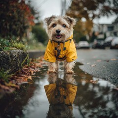 Editorial pet lifestyle: dog in raincoat on autumn sidewalk, puddle reflection, candid joy