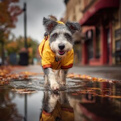 Editorial pet lifestyle: dog in raincoat on autumn sidewalk, puddle reflection, candid joy