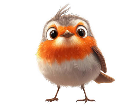 Adorable cartoon robin isolated on transparent background, showcasing its fluffy feathers, bright orange breast, and endearing, wideeyed expression, creating a charming and whimsical image