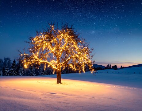Winter tree lit by twinkling lights under a starry night sky