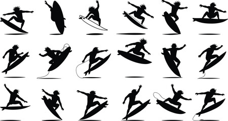 Silhouette collection of surfers performing tricks, riding waves, surfing stunts, extreme water sport, ocean adventure, summer lifestyle activity, isolated black vector illustration