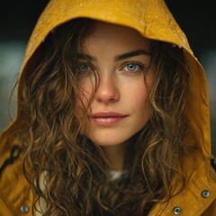 Editorial portrait in raincoat, gentle drizzle, soft hair flyaways, emotive eye contact, natural color grade, November street edge