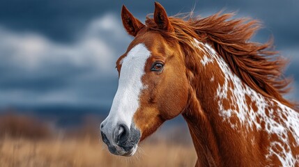 Obraz premium Majestic brown and white spotted horse stands proudly against a dramatic sky with moving clouds in a tranquil field during the golden hour