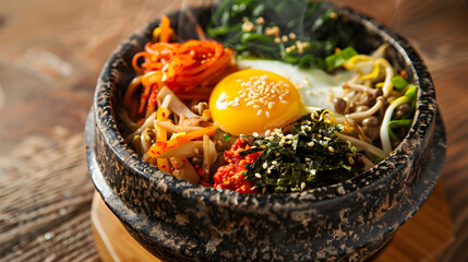 Bibimbap: Korean Traditional Mixed Rice Dish with Steamed Rice, Marinated Beef, Colorful Veggies (Spinach, Bean Sprouts, Carrots), Fried Egg, Gochujang & Sesame Oil—Stir-to-Mix for Savory-Spicy Comfor