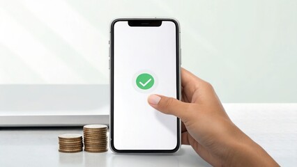 Hand Tapping Mobile App Displaying Currency Transaction Confirmation
