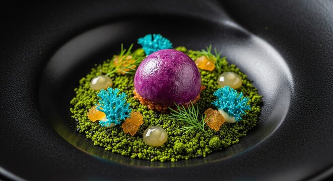 Artistic easter egg dessert with vibrant colors nestled in a bed of green moss and edible flowers