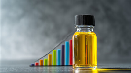 A bottle of oil with a rising performance graph in the background. Concept of increasing fuel prices and market growth. Industrial commodity cost and economic data analysis