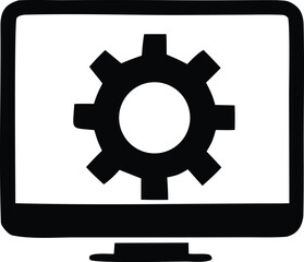 Computer monitor displaying gear icon for settings system configuration and technical support service concepts