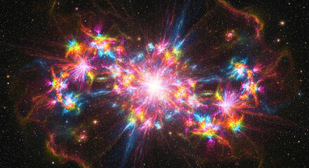 Vibrant cosmic nebula explodes with dazzling rainbow colors against a starry night sky, evoking wonder and infinite possibility.