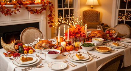 Thanksgiving dinner table set for a festive celebration with roasted turkey, pumpkin pie, and autumn decor.