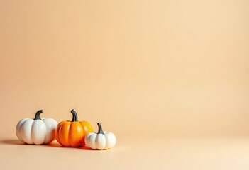 Elegant white and orange pumpkins arranged on a pastel beige background with ample copy space, ideal for autumn themes, Thanksgiving promotions, seasonal advertising, invitations, Halloween, banners