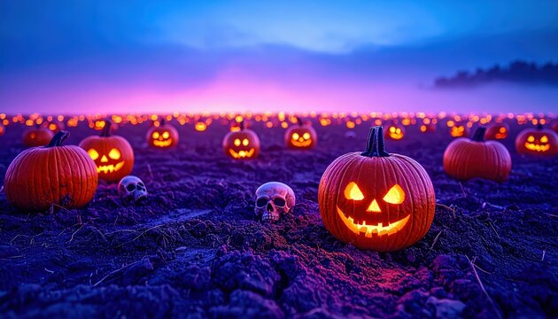 Field of glowing pumpkins scattered across cracked mystical ground under vibrant Halloween night sky, creating eerie surreal spooky atmosphere filled with supernatural magical mystery and creepy vibe.