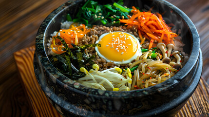 Bibimbap: Korean Traditional Mixed Rice Dish with Steamed Rice, Marinated Beef, Colorful Veggies (Spinach, Bean Sprouts, Carrots), Fried Egg, Gochujang & Sesame Oil—Stir-to-Mix for Savory-Spicy Comfor