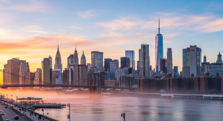 Obraz premium Vibrant New York City skyline at sunrise with iconic skyscrapers and Brooklyn Bridge, capturing stunning cityscape views