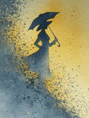 Naklejka premium A woman stands in silhouette, holding an umbrella, amidst a gradient of yellow and blue hues, evoking a serene evening atmosphere and a sense of elegance.