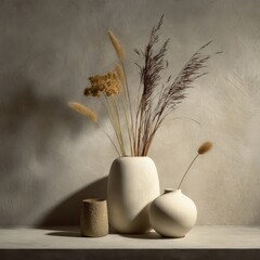 Minimal ceramics still life with dried grasses, matte textures, calm fall tones, gallery lighting, negative space for text