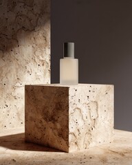 minimal cosmetics podium, travertine texture, frosted glass bottle, clean shadows 