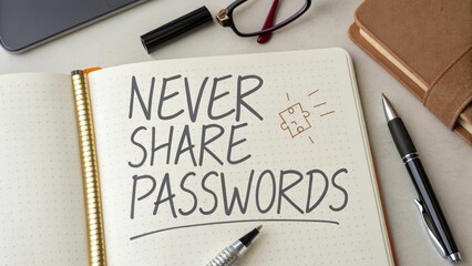 Notebook with bold text warning about sharing passwords online