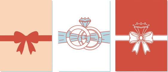 Wedding invitation cards with rings and bows vector illustration