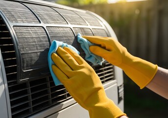 Cleaning air conditioner filter with vibrant sunshine beaming through, maintaining healthy air quality in home for family well being and comfort