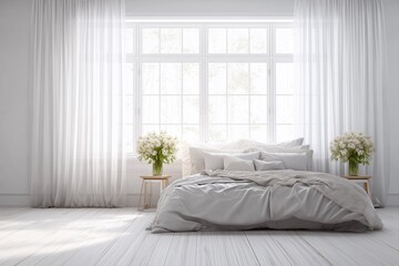 Bright minimal bedroom with large window, white curtains, soft bedding and fresh flowers on wooden nightstands