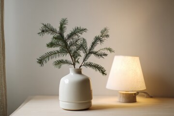 minimal office holiday decor, evergreen sprig in vase, warm lamp, brand-safe 