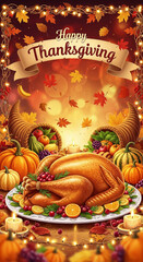 Fototapeta premium Celebrate Thanksgiving with a stunning, vibrant illustration featuring a delicious roasted turkey, pumpkins, cornucopia, and festive autumn leaves