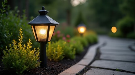 A Black Lantern Illuminates a Stone Path in a Lush Garden with Greenery During Dusk 
