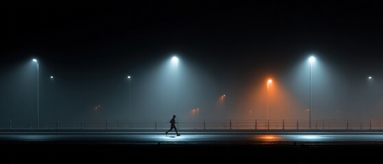 night city jogger alone, moody street lamps, breath vapor, athletic grit 