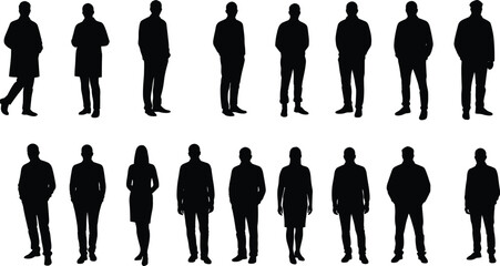 Silhouette vector illustration of business people and professionals standing in formal and casual poses, modern lifestyle, teamwork, diverse corporate design collection
