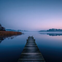 Fototapeta premium November landscape: misty lake at dawn, mirror reflection, lone wooden jetty, subtle ripples, meditative calm, copy space in sky gradient