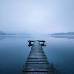 Fototapeta premium November landscape: misty lake at dawn, mirror reflection, lone wooden jetty, subtle ripples, meditative calm, copy space in sky gradient