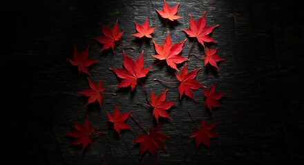 Autumnal beauty, red maple leaves artfully arranged on dark wooden background