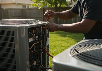 Dependable HVAC technician servicing air conditioning unit ensures cool comfort during summer heat, offering reliable maintenance in residential neighborhood