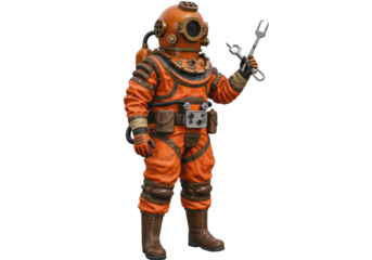 Isolated Diver in Orange Full Body Suit Holds Wrench, Retro Scuba Gear, Old-fashioned, Antique