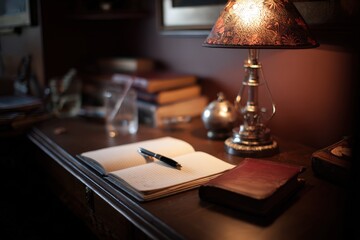 quiet library study table, notebook, pen, warm desk lamp, serene mood 