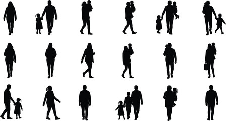 Silhouette vector illustration of family walking together with children, parenting concept, father mother and kids design, lifestyle people collection, relationship bonding theme