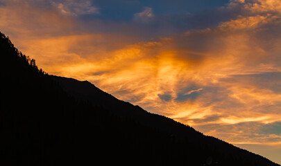 Alpine summer sunset or sundowner view at Laengenfeld, Imst, Oetztal valley, Tyrol, Austria