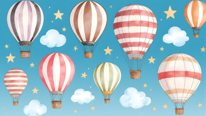 Whimsical Hot Air Balloons in the Sky: A vibrant illustration of colorful hot air balloons soaring against a backdrop of a clear blue sky, dotted with fluffy clouds and twinkling stars.